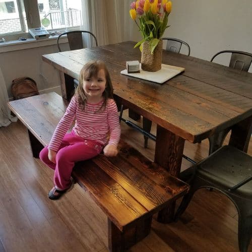 reclaimed wood table modeled by granddaughter Violet